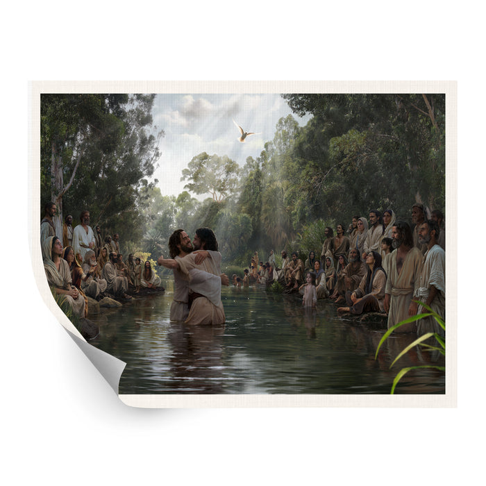 Jesus Christ baptism at Jordan River. 'Witness' modern Christian wall art on canvas by Reflections of Christ.