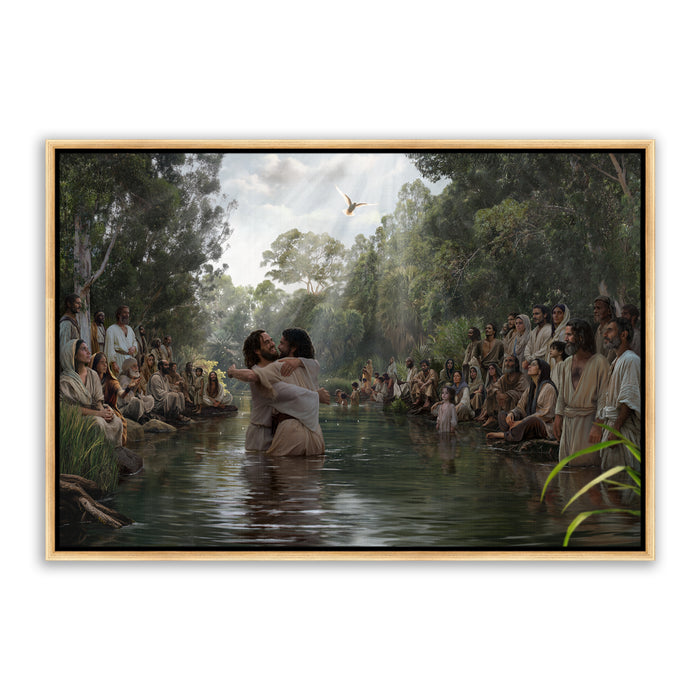 Jesus Christ baptism at Jordan River. 'Witness' modern Christian wall art on canvas with gold frame by Reflections of Christ.