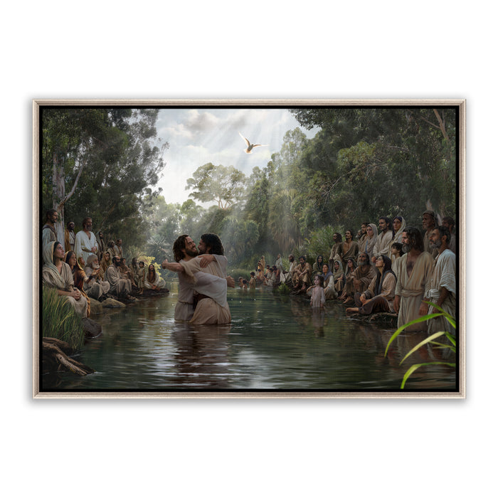 Jesus Christ baptism at Jordan River. 'Witness' modern Christian wall art on canvas with silver frame by Reflections of Christ.