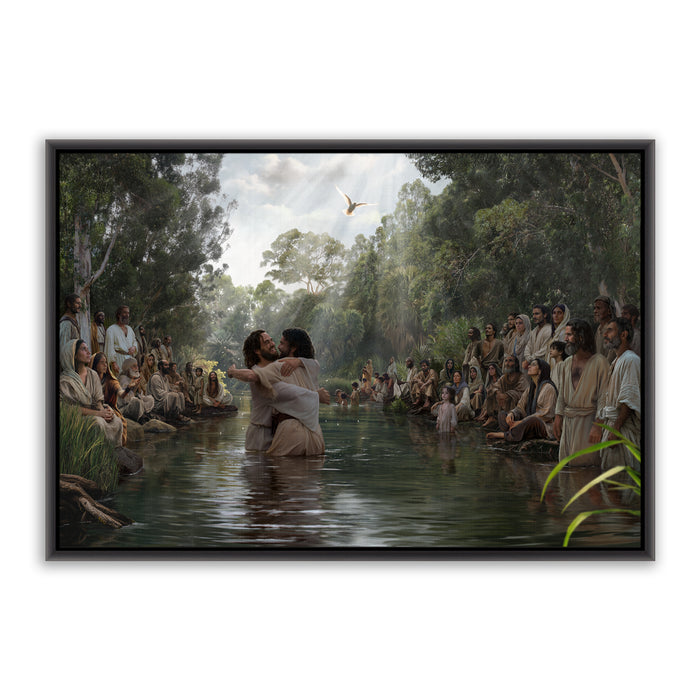 Jesus Christ baptism at Jordan River. 'Witness' modern Christian wall art on canvas with black frame by Reflections of Christ.