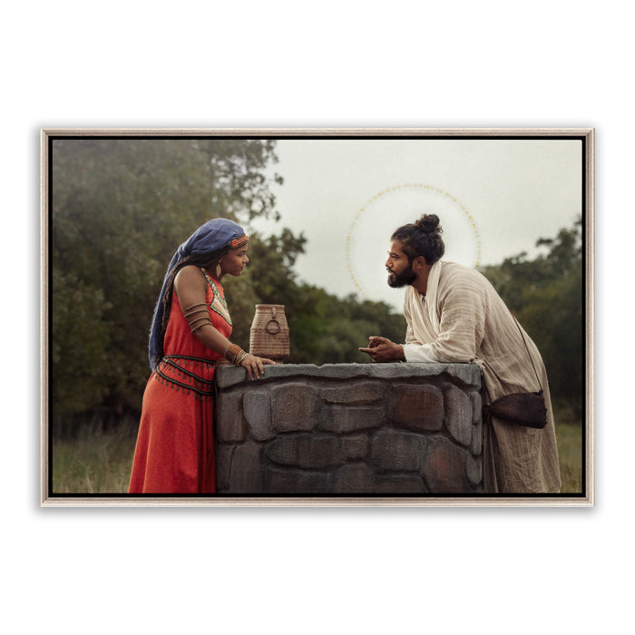 Jesus Christ with the Samaritan woman. 'Woman at the Well' modern Christian art work on metal with silver frame by Reflections of Christ.