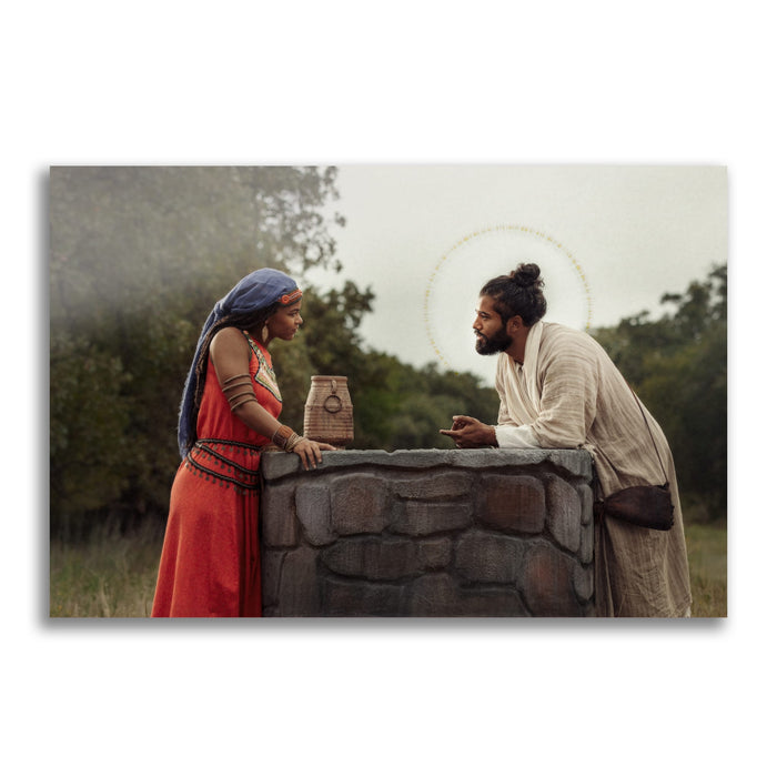 Jesus Christ with the Samaritan woman. 'Woman at the Well' modern Christian art work on metal by Reflections of Christ.