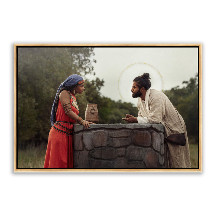 Jesus Christ with the Samaritan woman. 'Woman at the Well' modern Christian art work on metal with gold frame by Reflections of Christ.