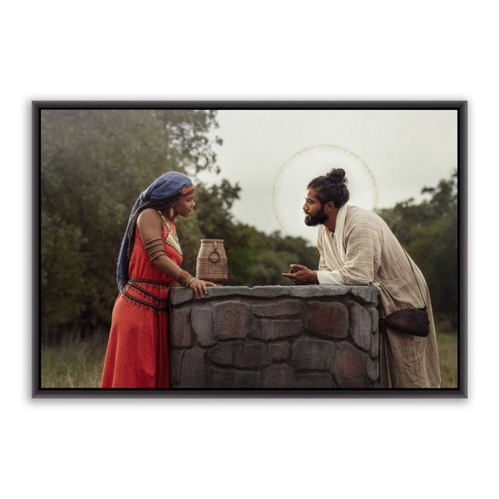 Jesus Christ with the Samaritan woman. 'Woman at the Well' modern Christian art work on metal with black frame by Reflections of Christ.