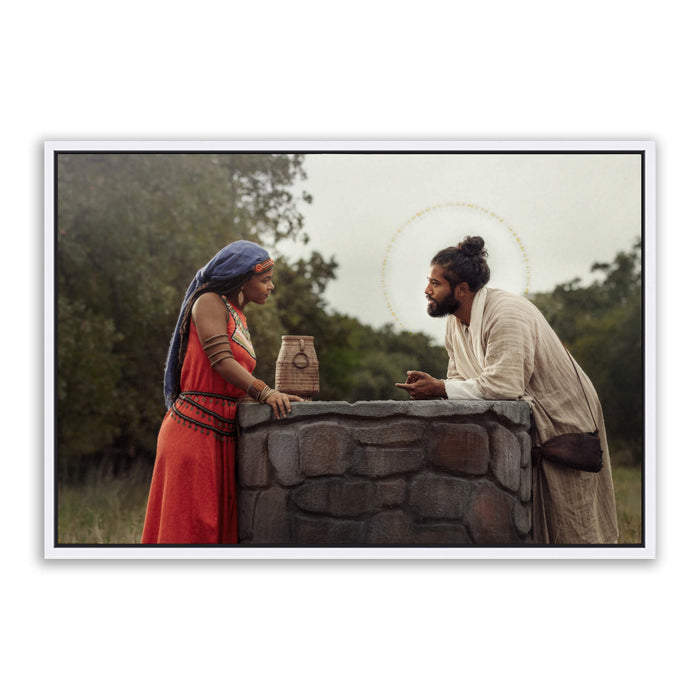 Jesus Christ with the Samaritan woman. 'Woman at the Well' modern Christian art work on metal with white frame by Reflections of Christ.