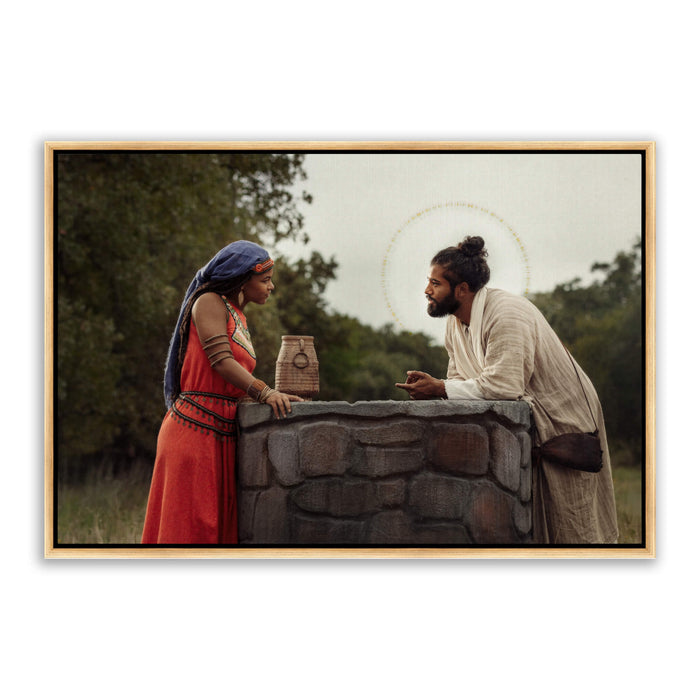 Jesus Christ with the Samaritan woman. 'Woman at the Well' modern Christian art work on canvas with gold frame by Reflections of Christ.