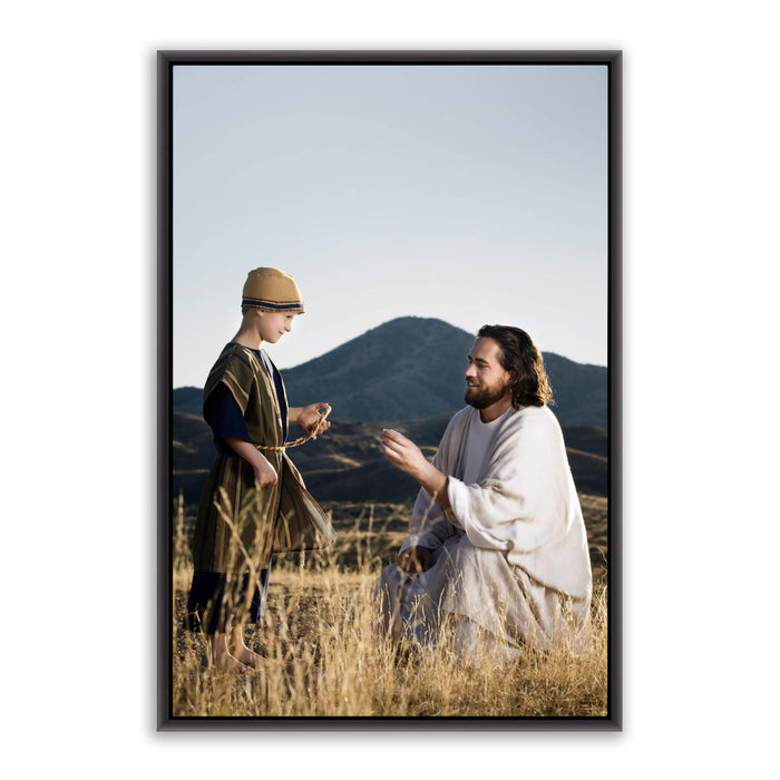 Jesus Christ teaching a child. 'Wonder' modern Christian art work on metal with black frame by Reflections of Christ.