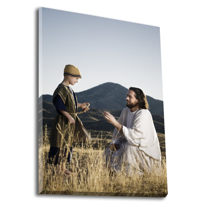 Jesus Christ teaching a child. 'Wonder' modern Christian art work on canvas by Reflections of Christ.