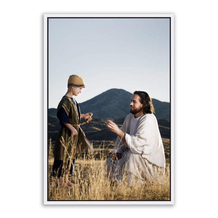 Jesus Christ teaching a child. 'Wonder' modern Christian art work on metal with white frame by Reflections of Christ.