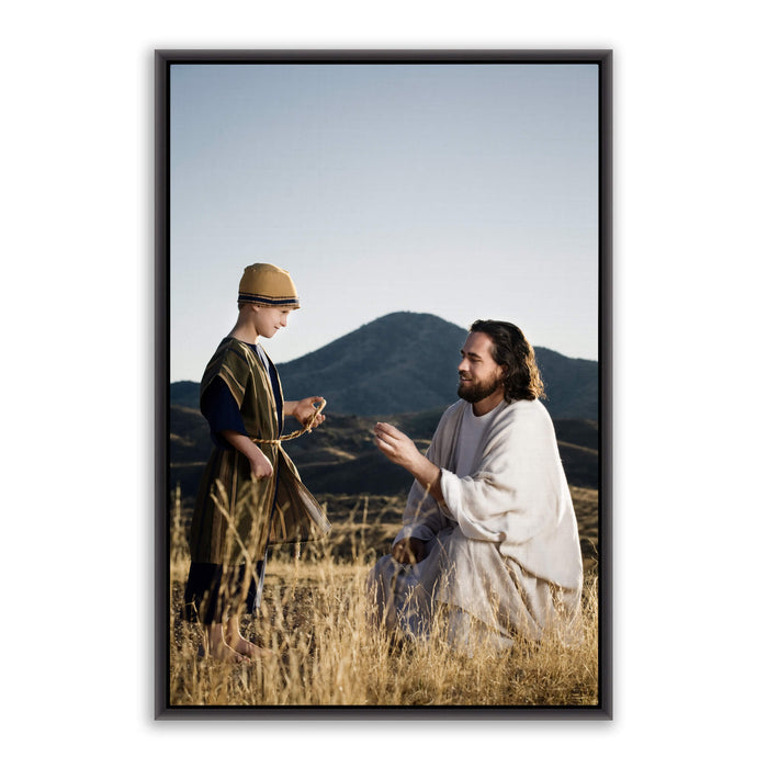 Jesus Christ teaching a child. 'Wonder' modern Christian art work on canvas with black frame by Reflections of Christ.